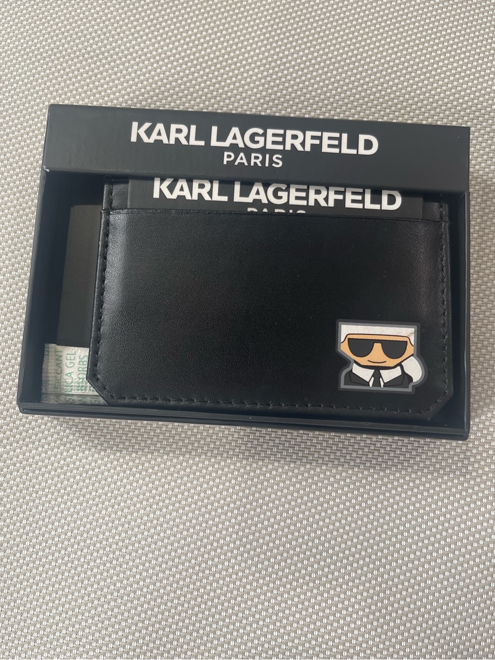 Karl Lagerfeld Black Leather Card Holder with Karl Cartoon Patch